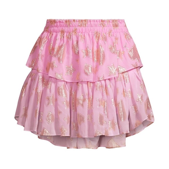Love Shack Fancy tiered metallic ruffle pink purple pastel skirt S